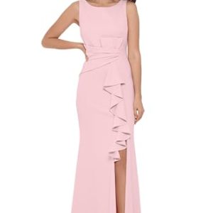 Women's Long Sleeveless Boat Neck Ruffle Side Slit Scuba Crepe Gown