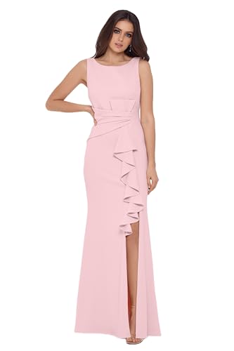 Women's Long Sleeveless Boat Neck Ruffle Side Slit Scuba Crepe Gown