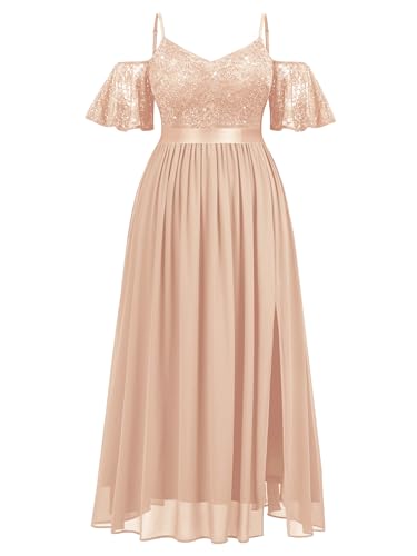 Women's Plus Size Sequins Lace Off Shoulder Short Sleeves Slit Formal Wedding Guest Chiffon Long Dress