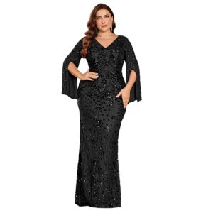 Plus Size Formal Dresses for Women with Embroidery Sequin and Cape Sleeve, V-Neck Maxi Dress for Wedding and Party