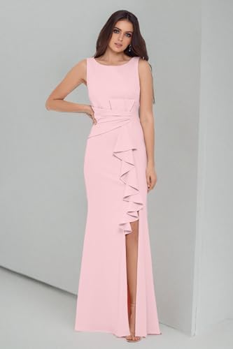 Women's Long Sleeveless Boat Neck Ruffle Side Slit Scuba Crepe Gown
