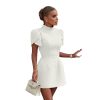 Women's Elegant Bow Backless Hollow Out Mini Dress Turtleneck Short Sleeve Pad Shoulder Dresses for Party Cocktail