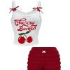 Women's 2 Piece Summer Cute Outfits Cherry Letter Print Bow Cami Top Ruched Bloomers Shorts Set