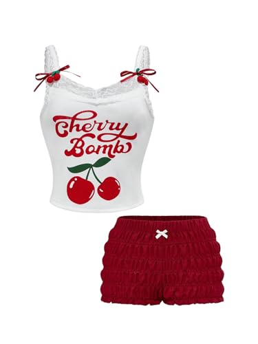 Women's 2 Piece Summer Cute Outfits Cherry Letter Print Bow Cami Top Ruched Bloomers Shorts Set
