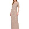 Women's Long Hand Beaded 3D Floral Dress with Elbow Sleeves