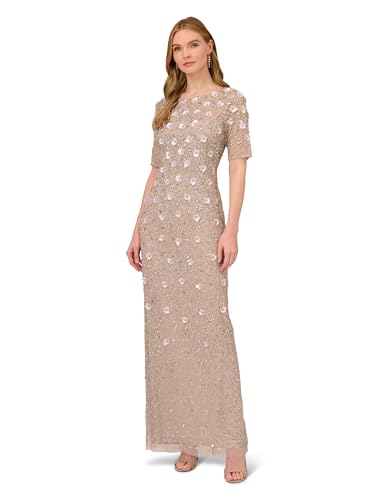 Women's Long Hand Beaded 3D Floral Dress with Elbow Sleeves