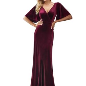 Women's Retro Evening Gown A Line V-Neck Wrap Velvet Long Formal Dresses 0861