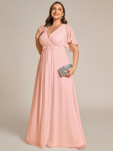 Chiffon V Neck Short Sleeves Appliques Plus Size Formal Dresses for Curvy Women Evening Gowns 01960-DA