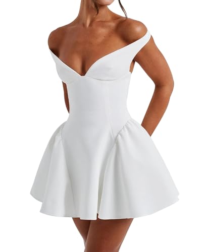Women's Summer Sexy V Neck Off Shoulder Wedding Mini Dresses Backless A Line Puffy Hem Prom Party Gown