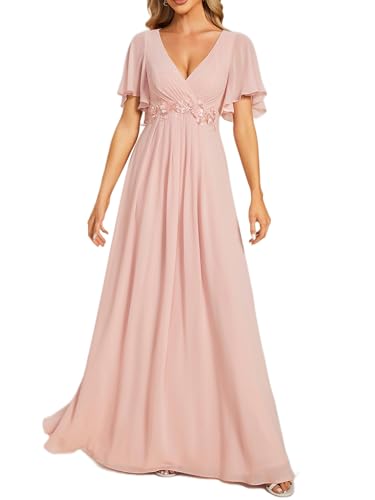 Women's Chiffon A-Line Ruched Short Sleeves Applique Waist V Neck Formal Evening Dresses