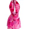 Women's Tie Dye Mesh Halter Mini Dress Deep V Neck Draped Backless Sleeveless Vacation Summer Dresses