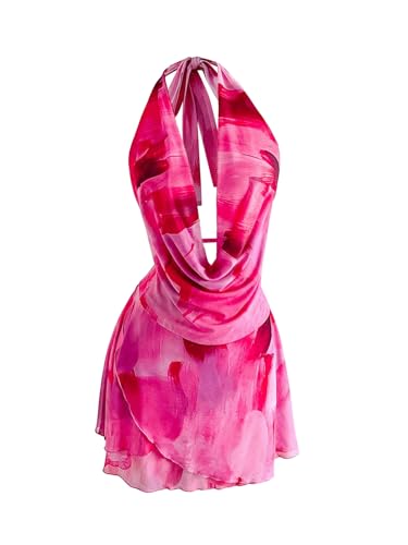Women's Tie Dye Mesh Halter Mini Dress Deep V Neck Draped Backless Sleeveless Vacation Summer Dresses