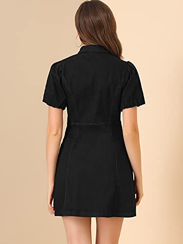 Women's Denim Dress Button Down Pockets Puff Sleeve Collared Jean Dresses