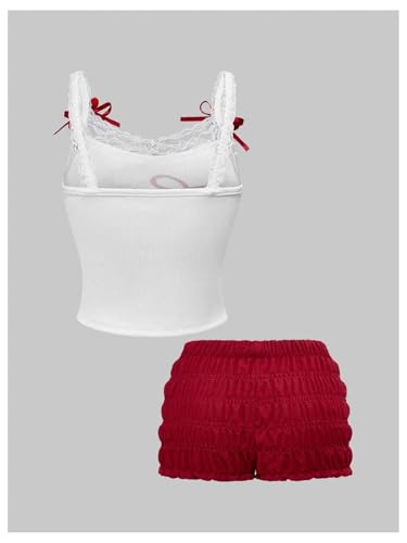 Women's 2 Piece Summer Cute Outfits Cherry Letter Print Bow Cami Top Ruched Bloomers Shorts Set