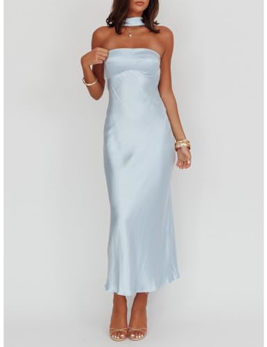 Women's Summer Satin Strapless Tube Top Maxi Dress Elegant Silk Backless Halter Neck Formal Party Dresses Wedding Guest