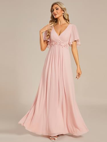 Women's Chiffon A-Line Ruched Short Sleeves Applique Waist V Neck Formal Evening Dresses