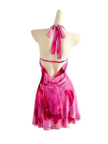 Women's Tie Dye Mesh Halter Mini Dress Deep V Neck Draped Backless Sleeveless Vacation Summer Dresses