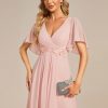 Women's Chiffon A-Line Ruched Short Sleeves Applique Waist V Neck Formal Evening Dresses