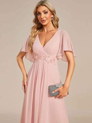 Women's Chiffon A-Line Ruched Short Sleeves Applique Waist V Neck Formal Evening Dresses