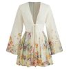 Dresses for Women Floral Print V Neck Long Sleeve High Waist Knotted Ruffle A Line Mini Dress