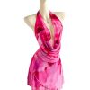 Women's Tie Dye Mesh Halter Mini Dress Deep V Neck Draped Backless Sleeveless Vacation Summer Dresses