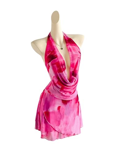 Women's Tie Dye Mesh Halter Mini Dress Deep V Neck Draped Backless Sleeveless Vacation Summer Dresses