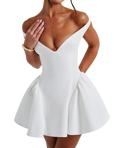 Women's Summer Sexy V Neck Off Shoulder Wedding Mini Dresses Backless A Line Puffy Hem Prom Party Gown