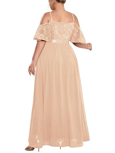 Women's Plus Size Sequins Lace Off Shoulder Short Sleeves Slit Formal Wedding Guest Chiffon Long Dress