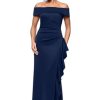 Women's Long Tech Scuba Off-The-Shoulder Ruffle Dress