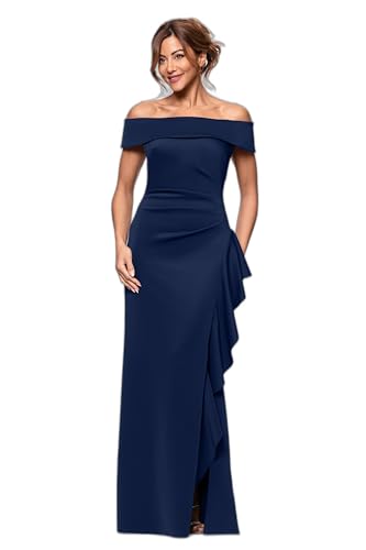 Women's Long Tech Scuba Off-The-Shoulder Ruffle Dress