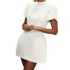 Women's Elegant Bow Backless Hollow Out Mini Dress Turtleneck Short Sleeve Pad Shoulder Dresses for Party Cocktail