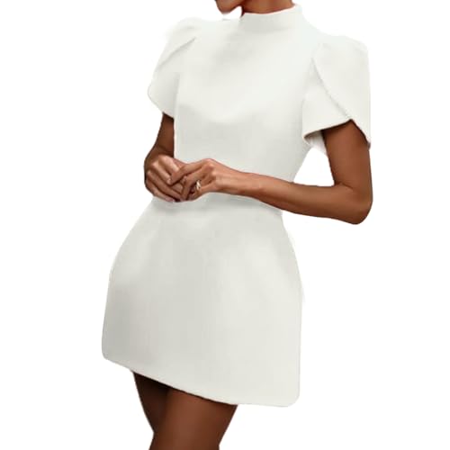 Women's Elegant Bow Backless Hollow Out Mini Dress Turtleneck Short Sleeve Pad Shoulder Dresses for Party Cocktail