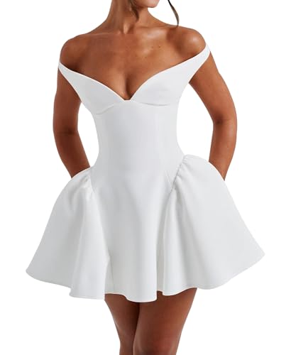 Women's Summer Sexy V Neck Off Shoulder Wedding Mini Dresses Backless A Line Puffy Hem Prom Party Gown