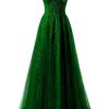 Lace Applique Tulle Prom Dresses for Women 2025 Spaghetti Straps Ball Gown Formal Evening Party Gown with Slit
