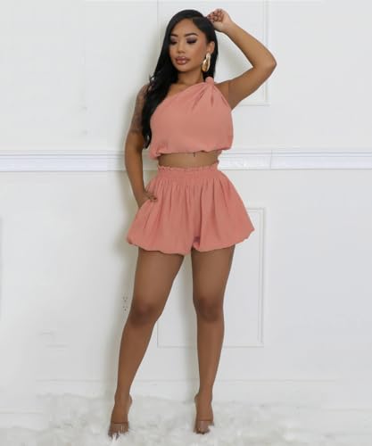 Womens 2 Piece Outfits Summer Short Sets Matching Off Shoulder Top Waist Shorts With Pocket Casual Outfits