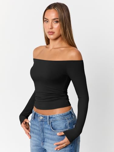 Womens Long Sleeve Off The Shoulder Tops Going Out Cute Basic Y2K Fall Fashion 2025 Outfits Clothes