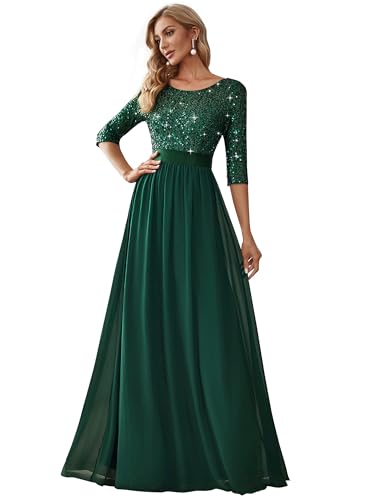 Women's Elegant A Line Crew Neck Half Sleeve Sequin Maxi Evening Dress 00683