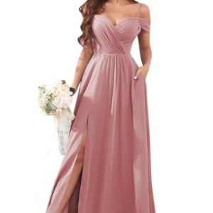 Women's Off The Shoulder Bridesmaid Dresses with Pockets Long Chiffon Wedding Guest Dress with Slit