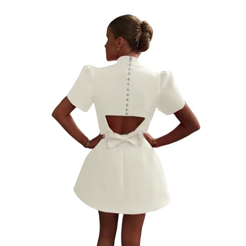 Women's Elegant Bow Backless Hollow Out Mini Dress Turtleneck Short Sleeve Pad Shoulder Dresses for Party Cocktail