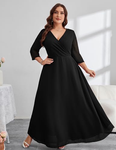 Plus Size Maxi Formal Dress Lace Chiffon Floral V-Neck Wrap Wedding Guest Evening Gown Cocktail Prom 3/4 Sleeves