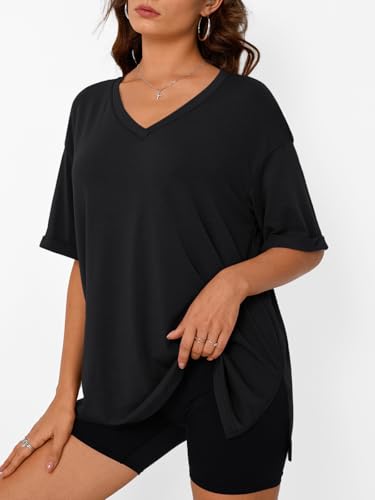 Oversized Tshirts for Women Workout Plus Size Tops V Neck Short Sleeve Gym Shirts Casual Loose Fit Basic Tees