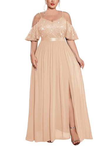 Women's Plus Size Sequins Lace Off Shoulder Short Sleeves Slit Formal Wedding Guest Chiffon Long Dress