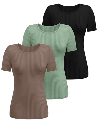 3 Pack Women's Ribbed T-Shirts, Cotton Short Sleeve Basic Tees Crewneck Fitted Tops Casual Shirts 2025 Summer Trendy
