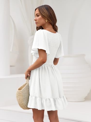Women's Flowy Casual Mini Dresses 2025 Summer Graduation Smocked V Neck Vacation Dress Dress with Pockets