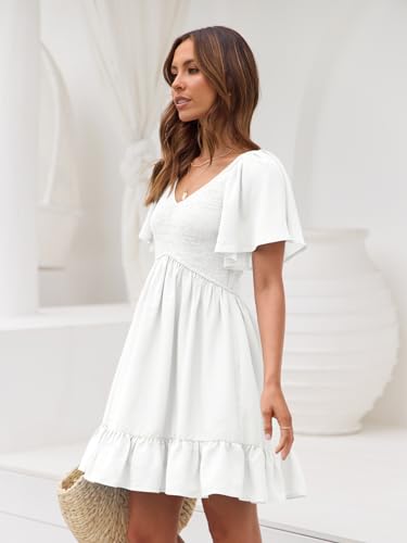 Women's Flowy Casual Mini Dresses 2025 Summer Graduation Smocked V Neck Vacation Dress Dress with Pockets