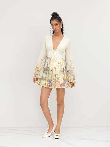 Dresses for Women Floral Print V Neck Long Sleeve High Waist Knotted Ruffle A Line Mini Dress