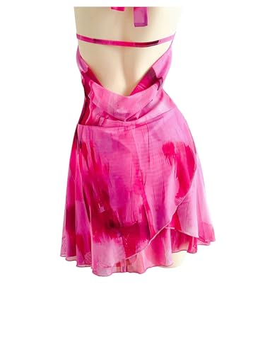 Women's Tie Dye Mesh Halter Mini Dress Deep V Neck Draped Backless Sleeveless Vacation Summer Dresses