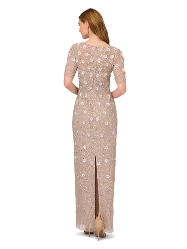 Women's Long Hand Beaded 3D Floral Dress with Elbow Sleeves