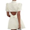 Women's Elegant Bow Backless Hollow Out Mini Dress Turtleneck Short Sleeve Pad Shoulder Dresses for Party Cocktail
