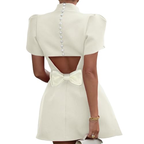 Women's Elegant Bow Backless Hollow Out Mini Dress Turtleneck Short Sleeve Pad Shoulder Dresses for Party Cocktail
